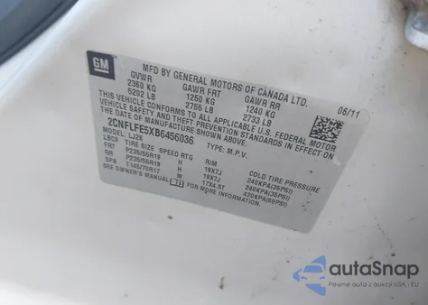 2011 Chevrolet Equinox Ltz from USA, damaged, VIN 2CNFLFE5XB6456036